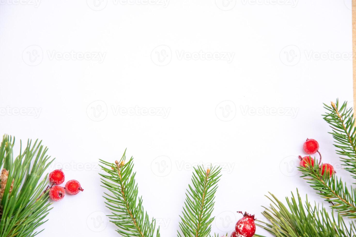 Holiday-themed blank space with pine branches and red berries on a white background for festive decorations and greeting cards photo