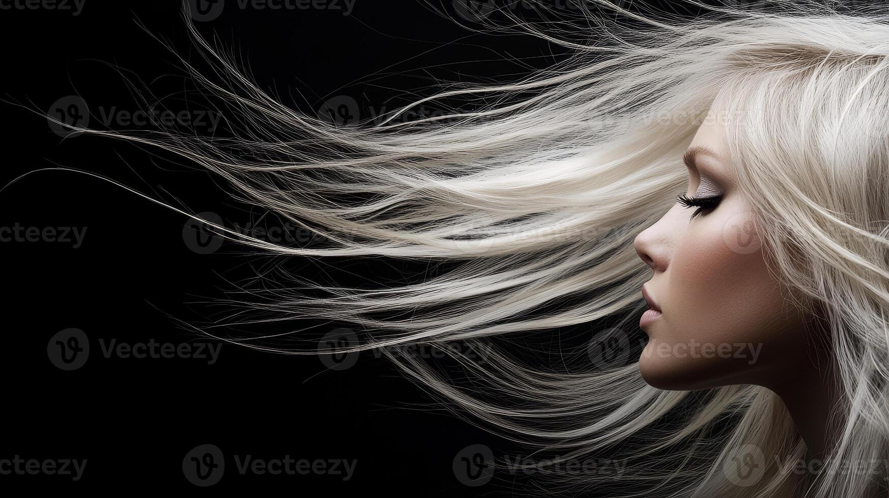 A stunning model in profile, her long hair flowing gracefully, contrasts beautifully against a rich dark background photo