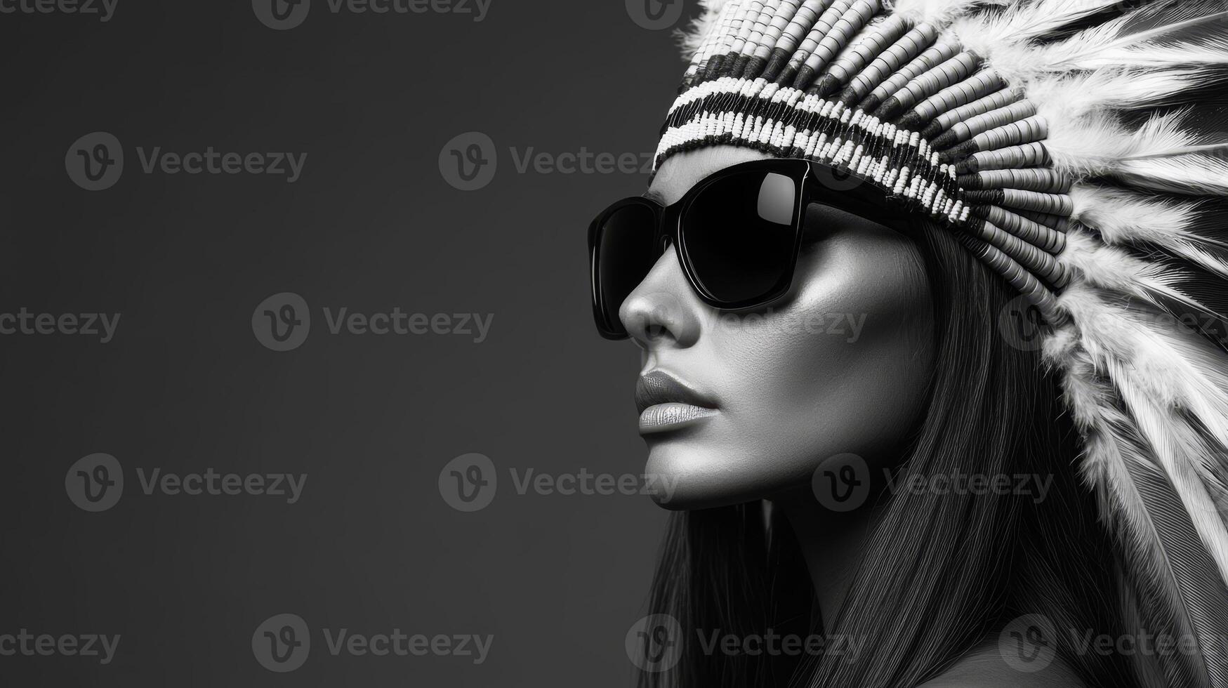 A beautiful Native American woman confidently wears sunglasses, embracing her heritage with a striking headdress in a vibrant setting photo