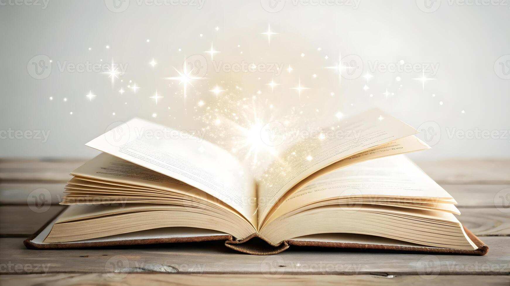 Magic emanates from an open book on a rustic wooden table photo