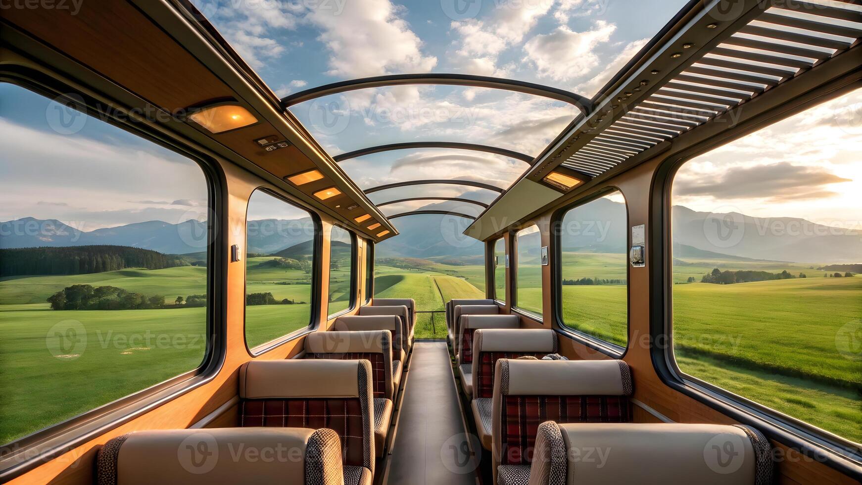Scenic train interior with expansive green landscapes in the background photo