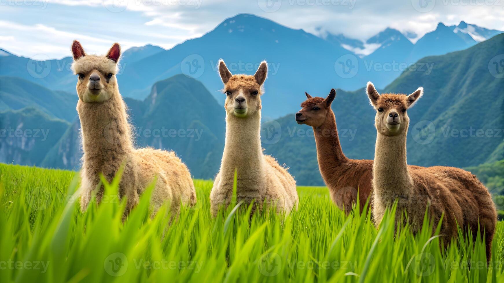 Llamas grazing in a lush field with mountains in the background photo