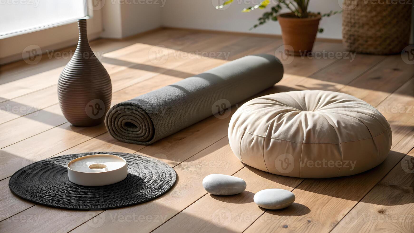 Calm space for yoga and meditation with natural light photo