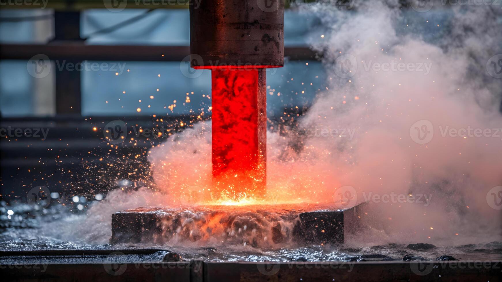 Metal forging process creates sparks and molten material in factory setup photo