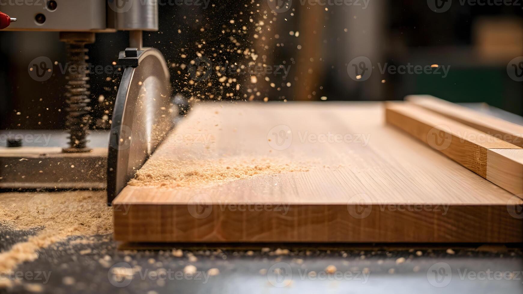 Woodworking process showcasing a saw cutting through lumber in a workshop photo
