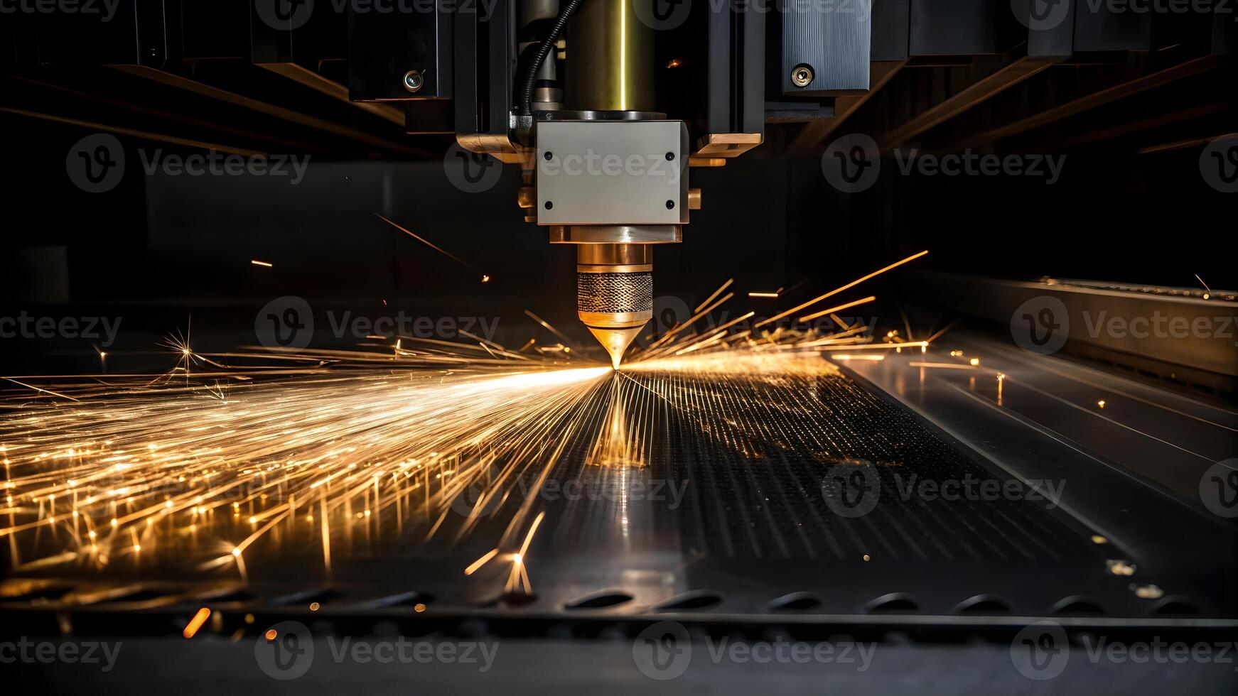 Laser cutting machine producing sparks in an industrial workshop photo