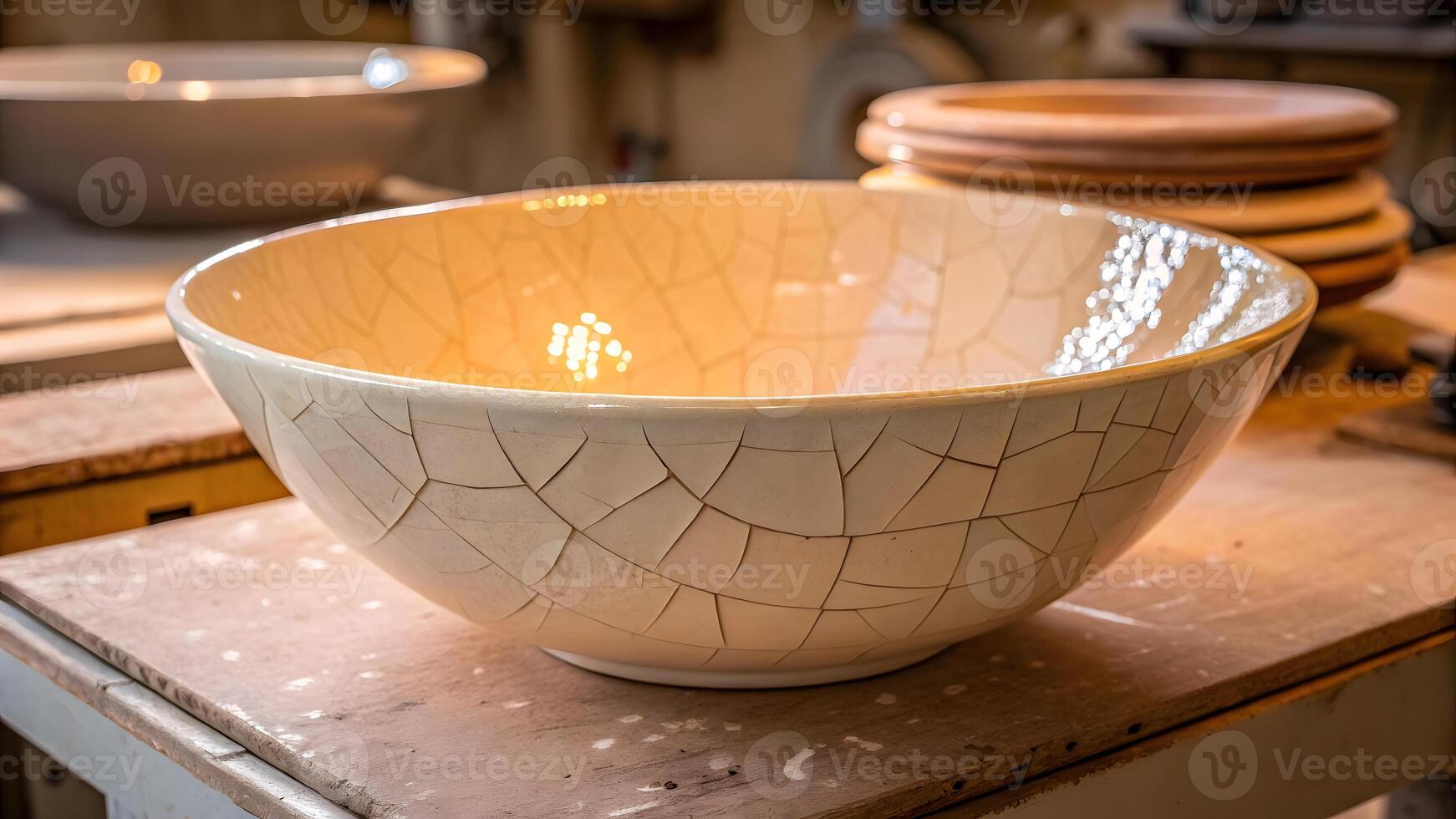 Handmade ceramic bowl showcasing intricate crackle glaze in a workshop photo