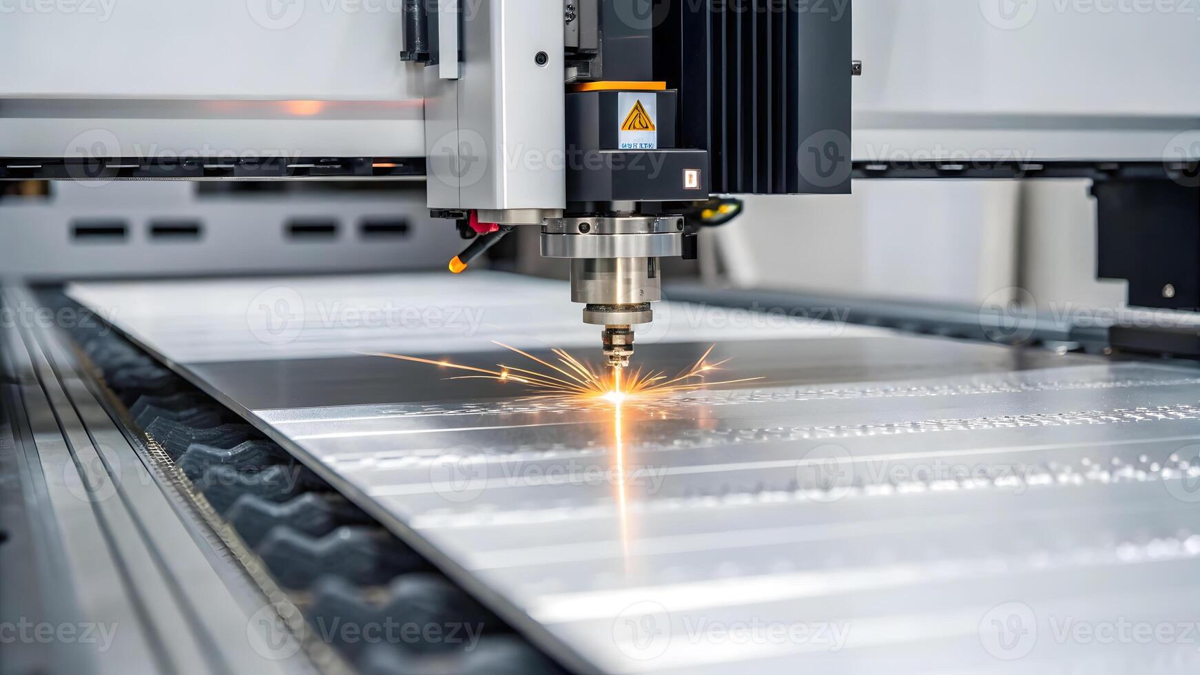 Precision laser cutting machine operates on aluminum sheet, creating sparks photo