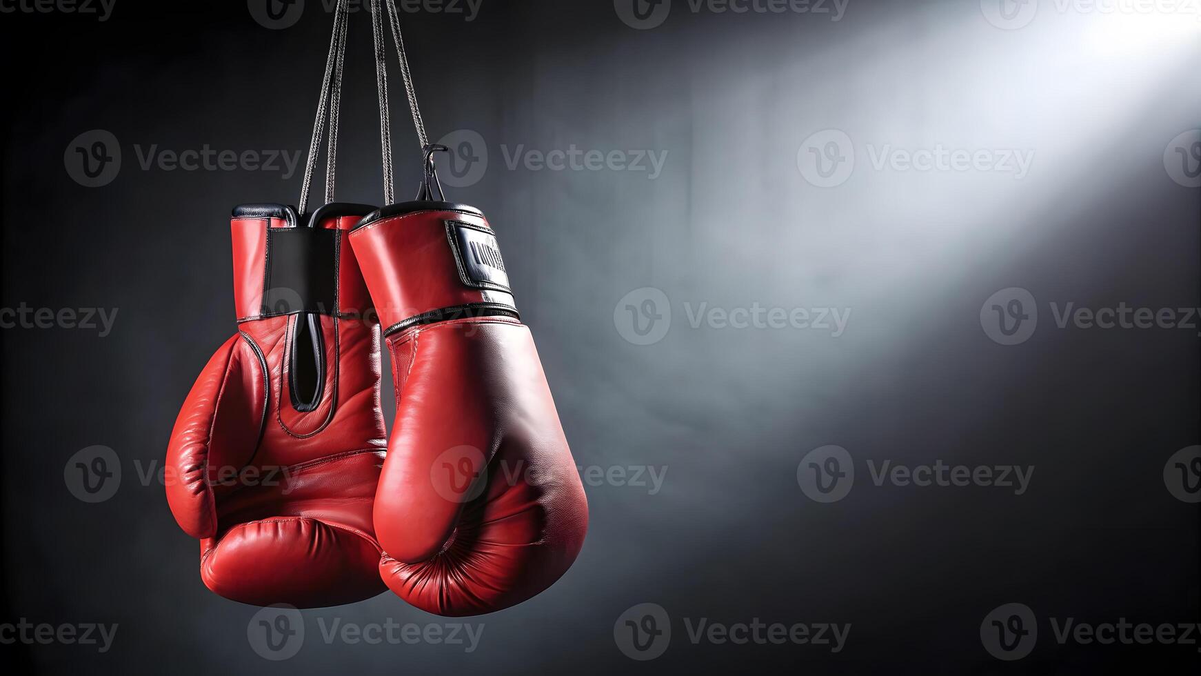 Red boxing gloves hanging in a dark training space under bright light photo
