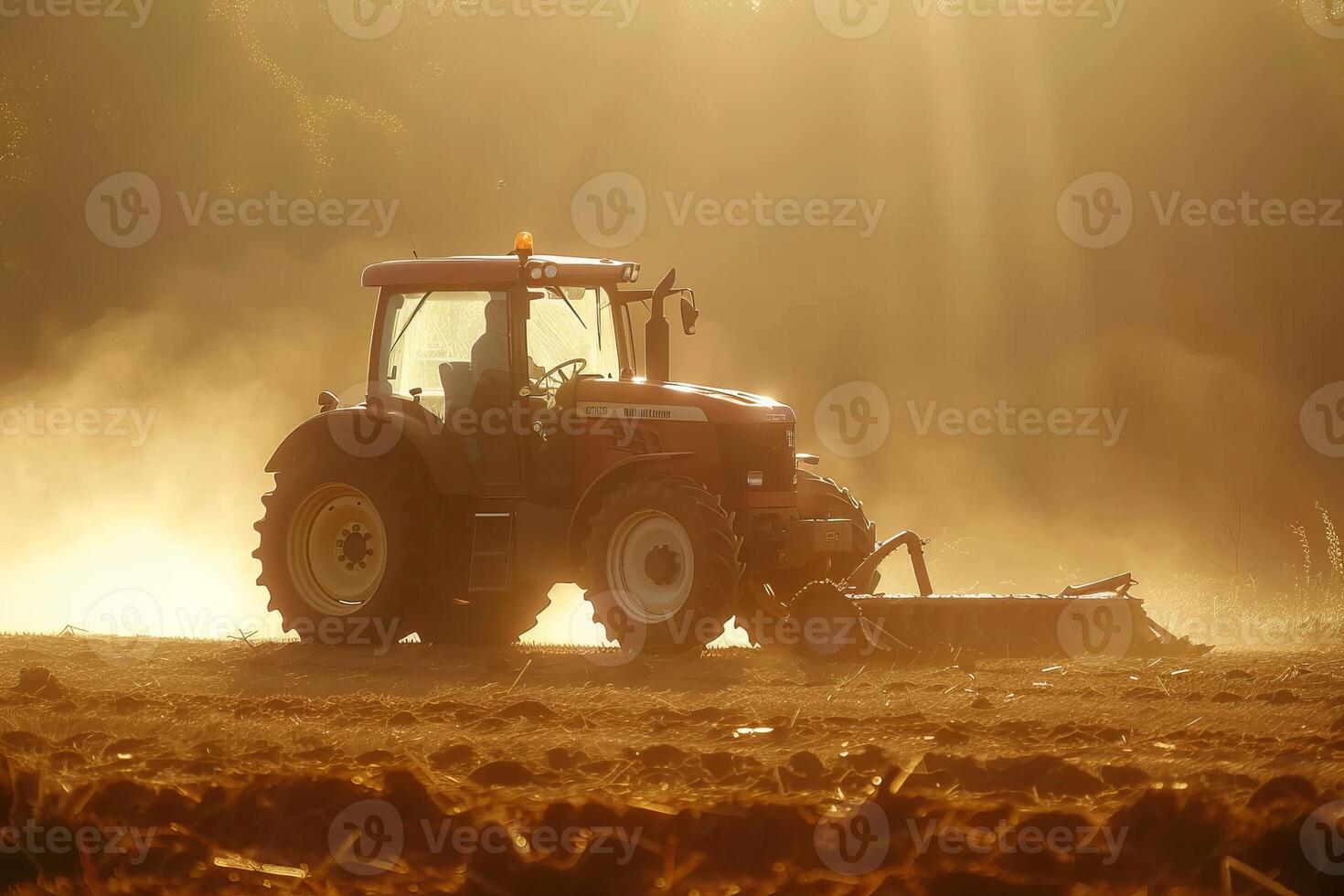 Tractor at sunset plowing a dusty field in golden light photo
