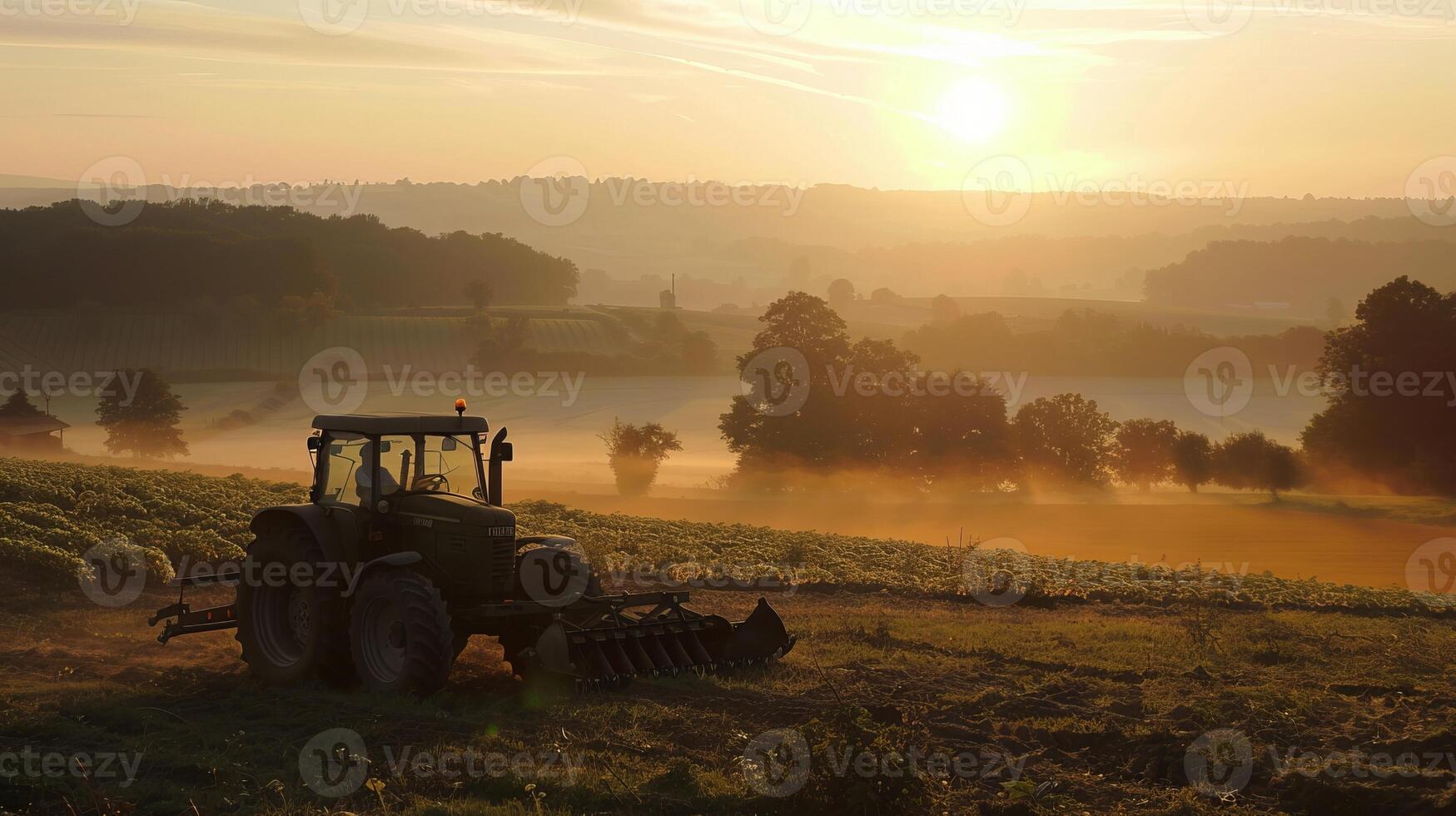 Tranquil farm landscape at sunrise with silhouetted tractor in misty fields photo
