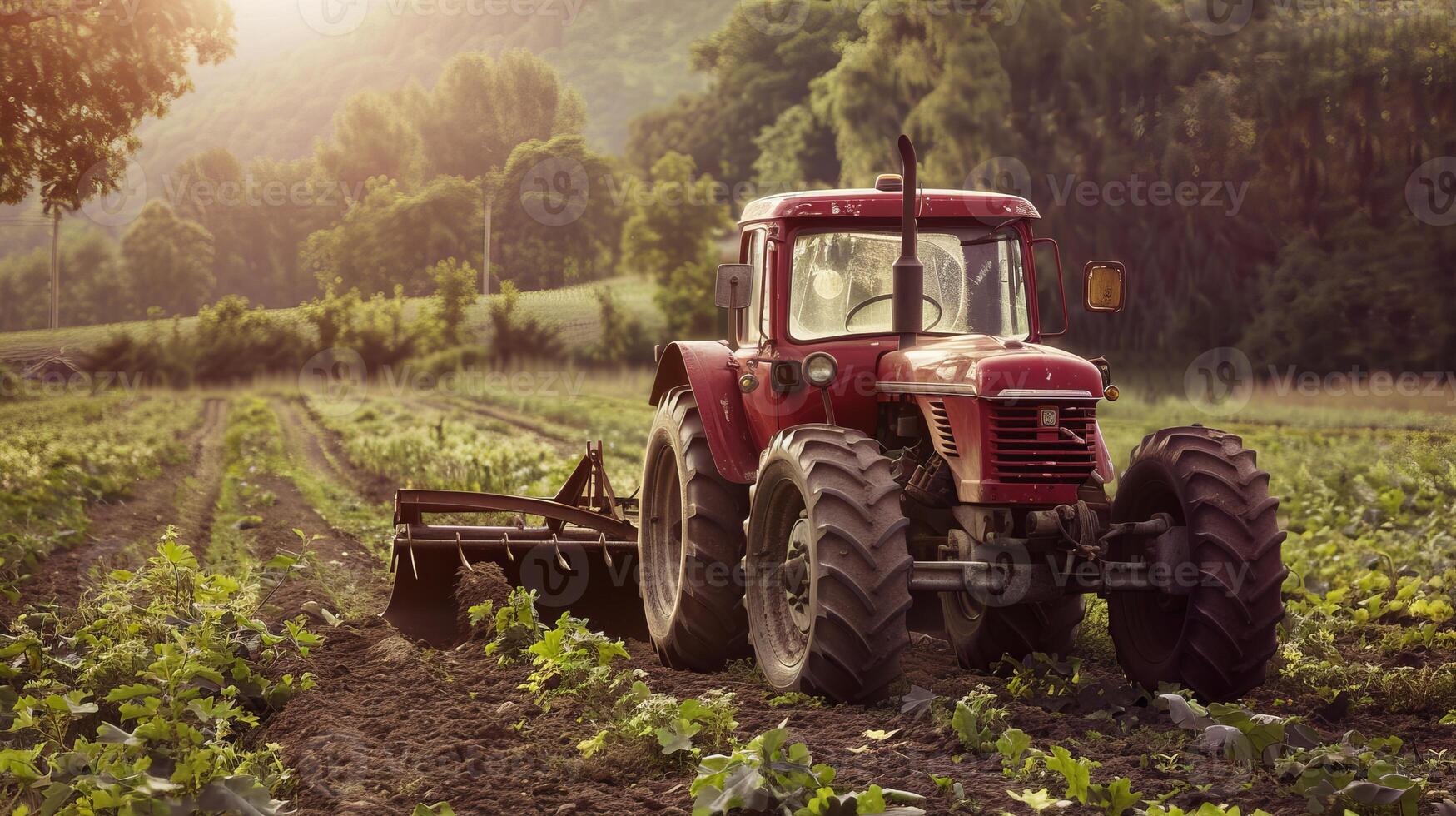Red tractor working on scenic farm field at sunset photo