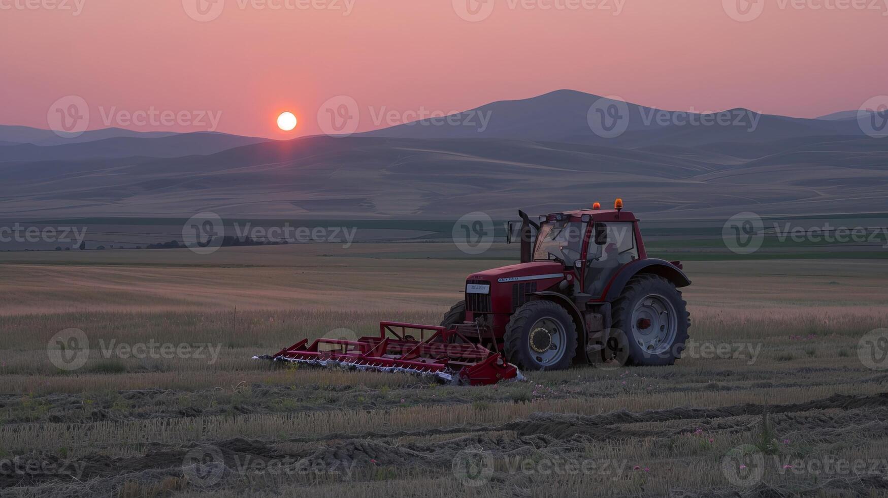 Red tractor plowing field at sunset with mountain backdrop photo