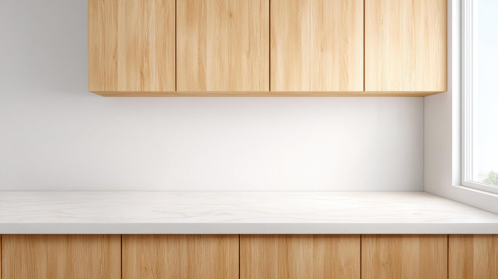 Minimalist wooden kitchen with white countertop and natural sunlight, showcasing simple wood grain cabinets, bright clean surfaces, modern architecture, and cozy home interior atmosphere. photo