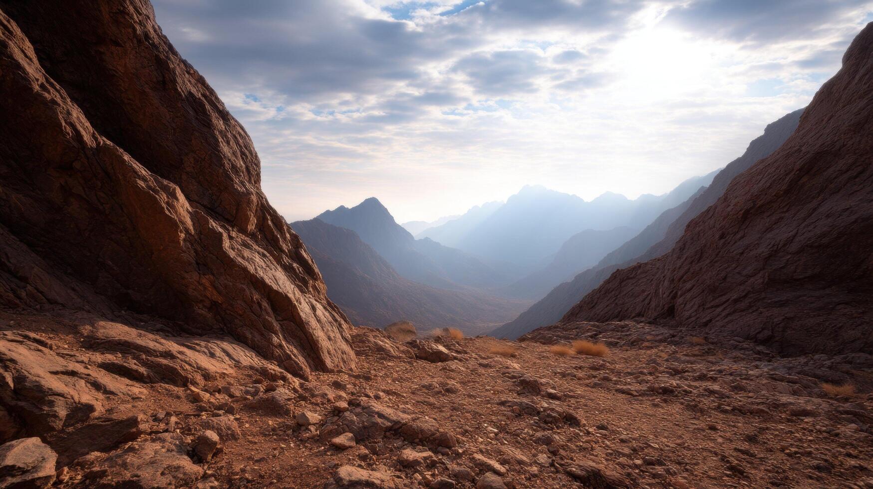 Rocky mountain valley under bright cloudy sky with rugged cliffs, dry rocky ground, and soft sunlight shining through scattered clouds. photo
