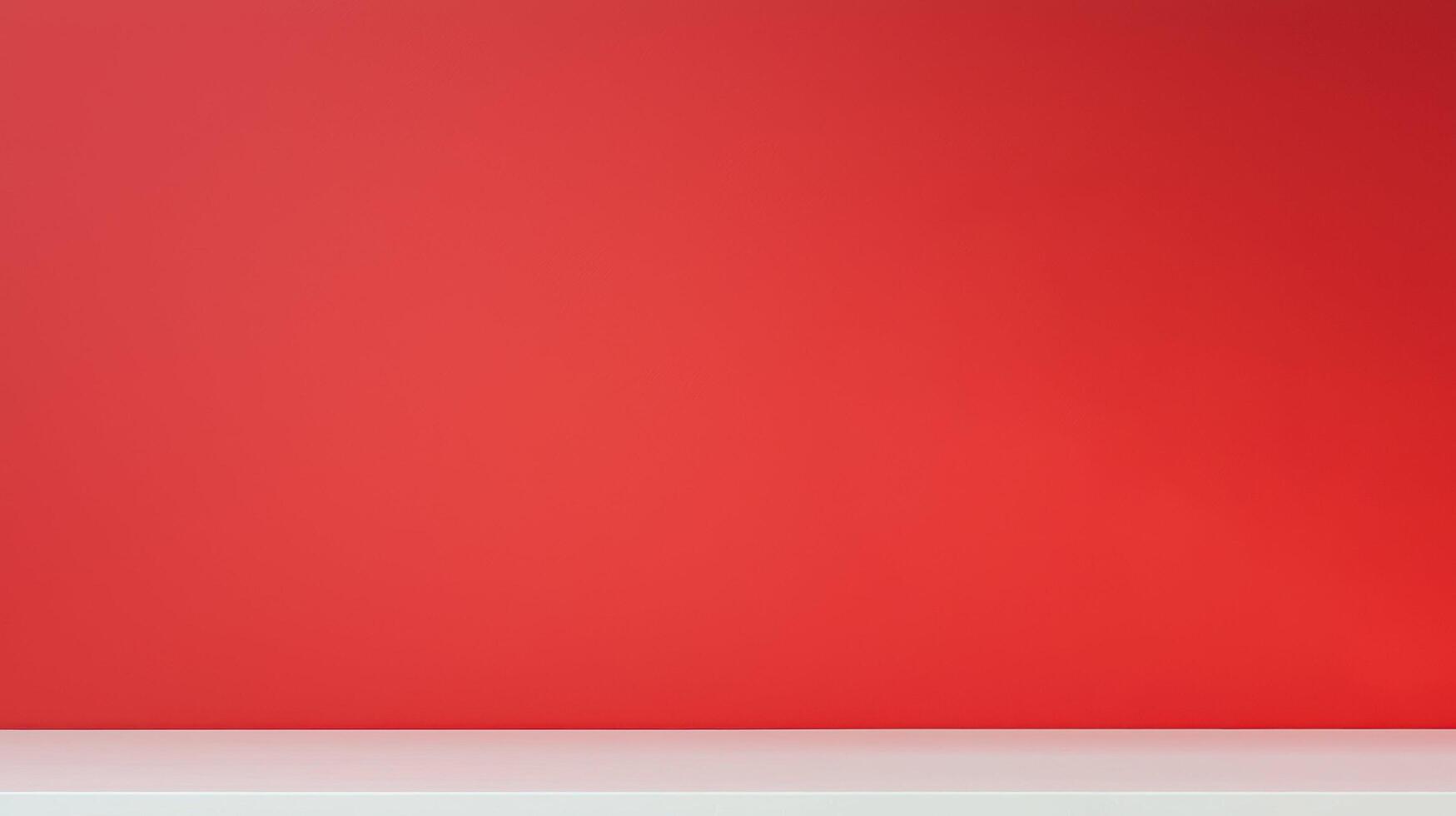 Red wall background with white shelf surface, featuring a soft gradient and minimal clean space for product display or design layout. photo