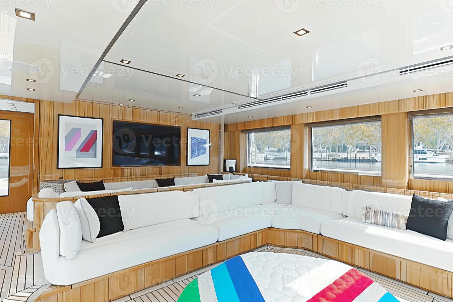 Luxury yacht interior with modern design and comfortable seating photo