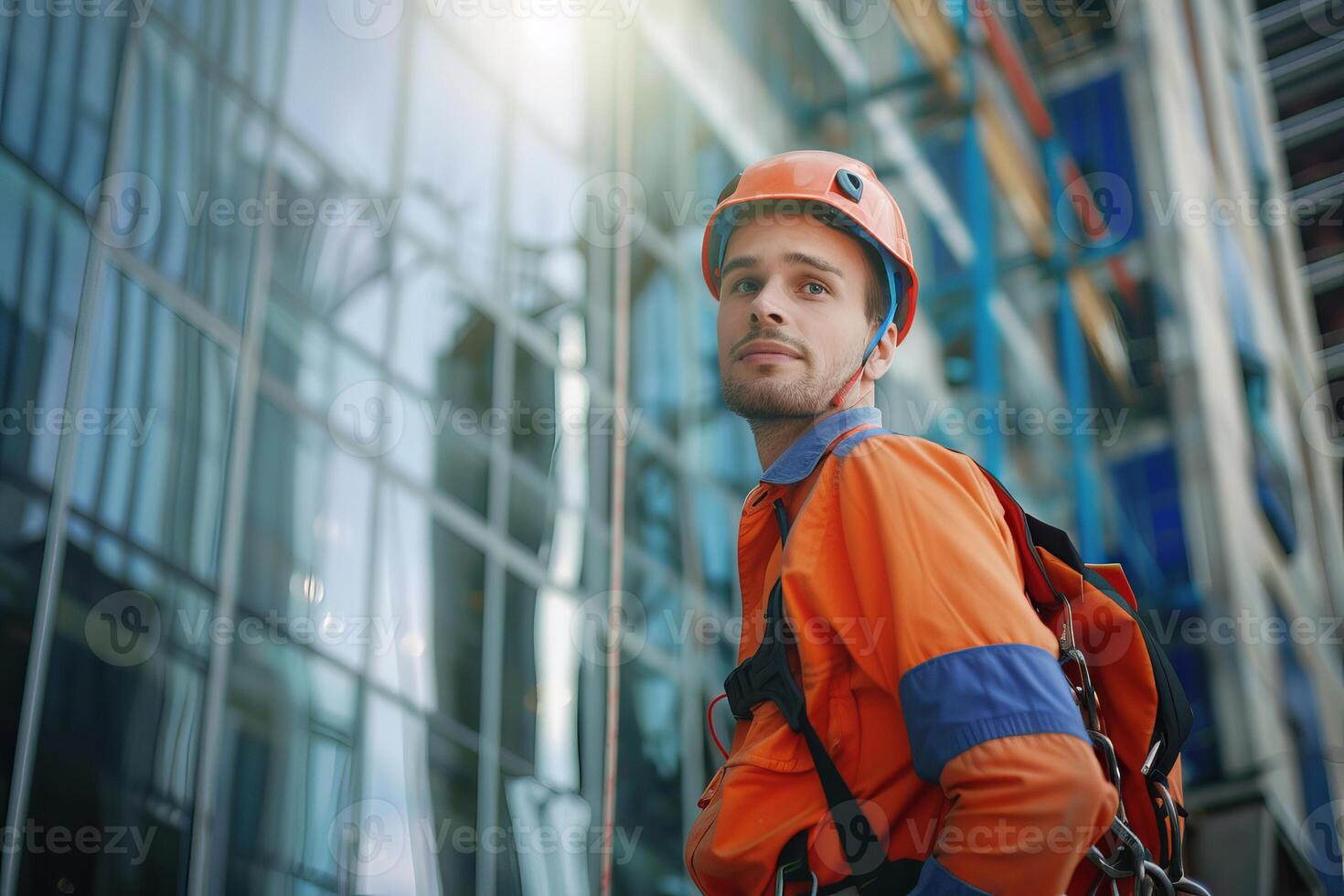 Construction worker in safety gear at modern building site photo