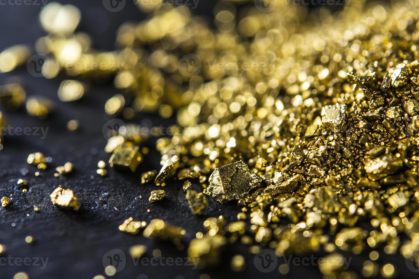 Close-up of shimmering gold nuggets on black surface photo