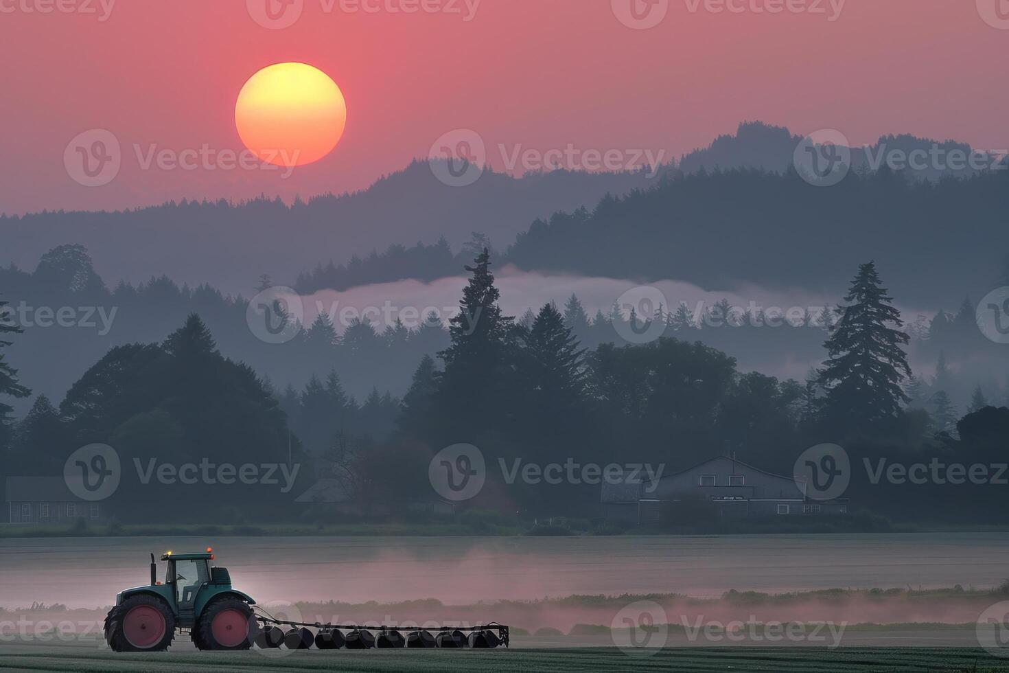 Tranquil agricultural scene with sunrise over misty fields and tractor photo