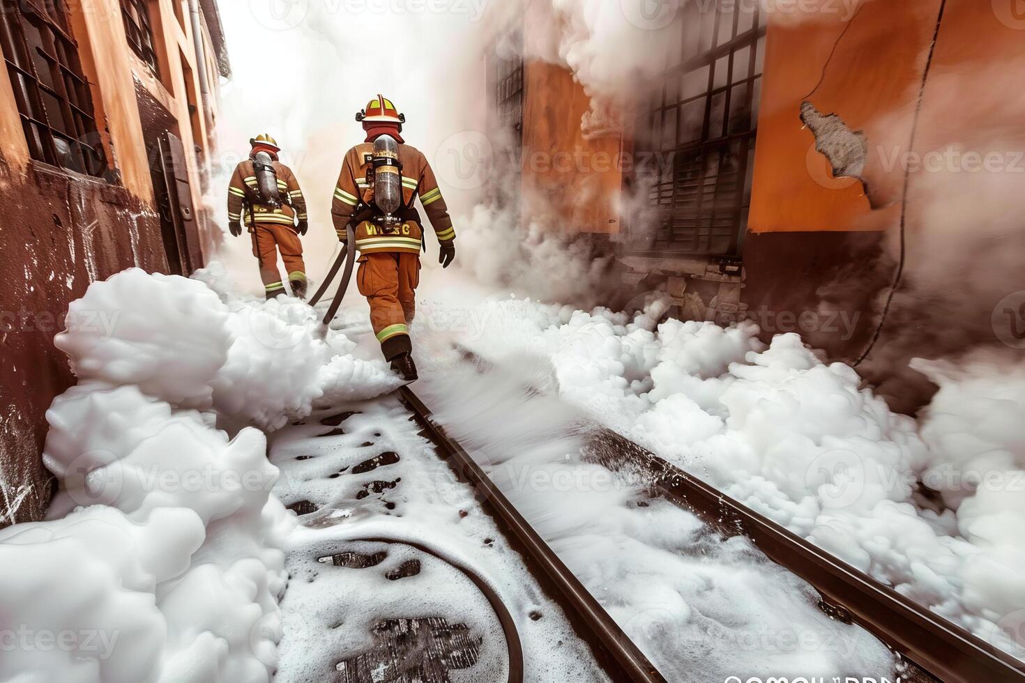 Firefighters in action battling building fire with foam and smoke photo