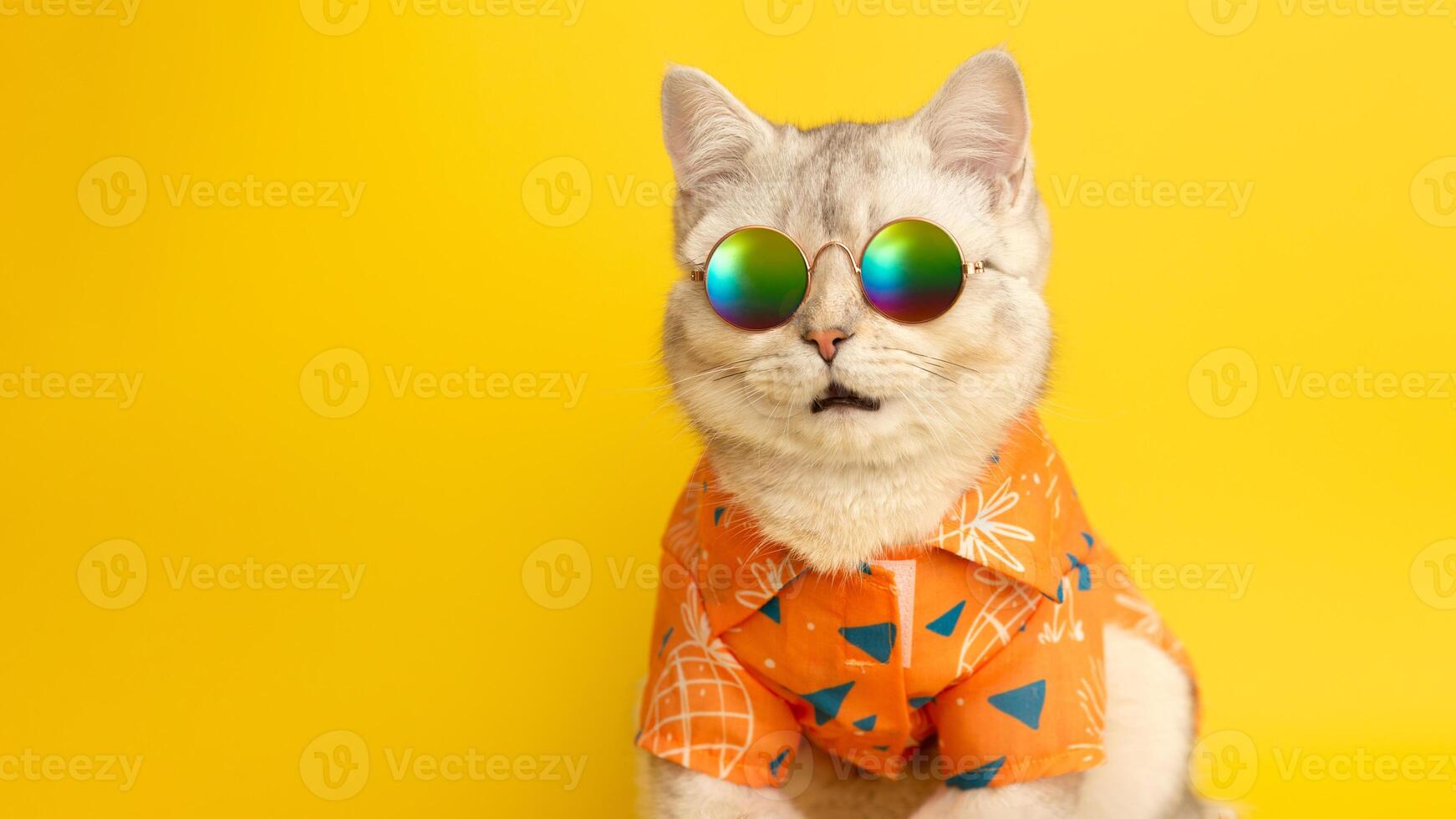 Wide banner of portrait of meowing white British cat wearing sunglasses and orange shirt on yellow background in studio. photo