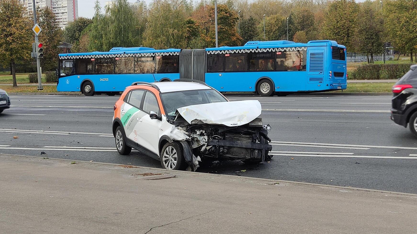 MOSCOW, RUSSIA - October 4, 2023. car accident involving a carsharing machine photo