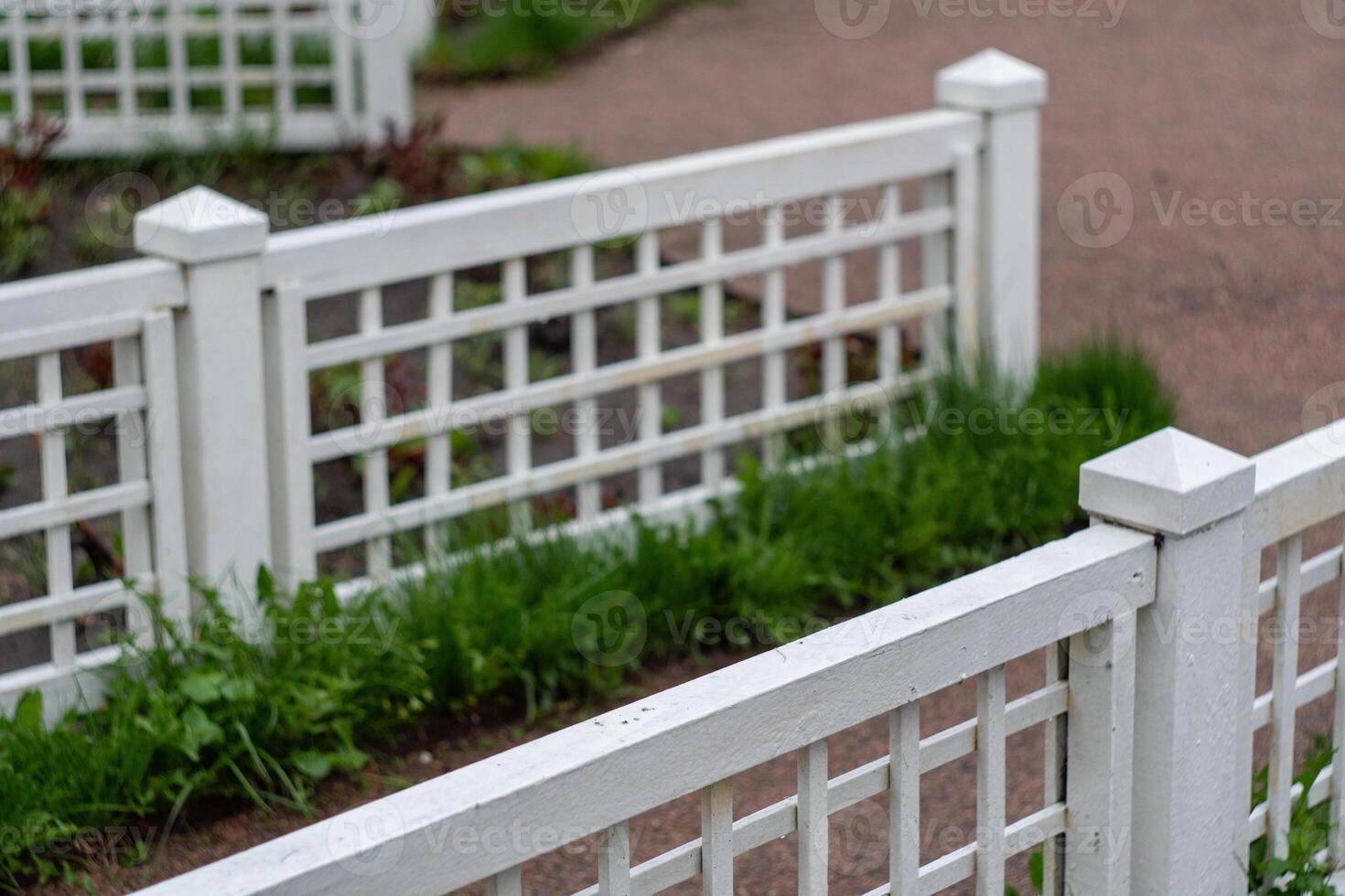 White garden fence with lush greenery in a park setting photo