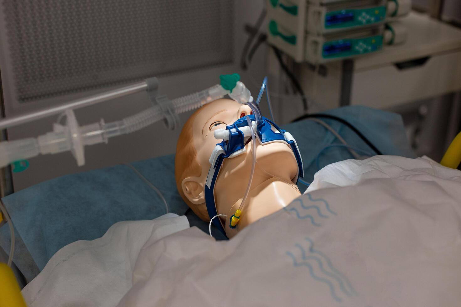 Moscow, Moscow region, Russia - 03.09.2023,Close-up of a medical practice dummy wearing an oxygen mask photo