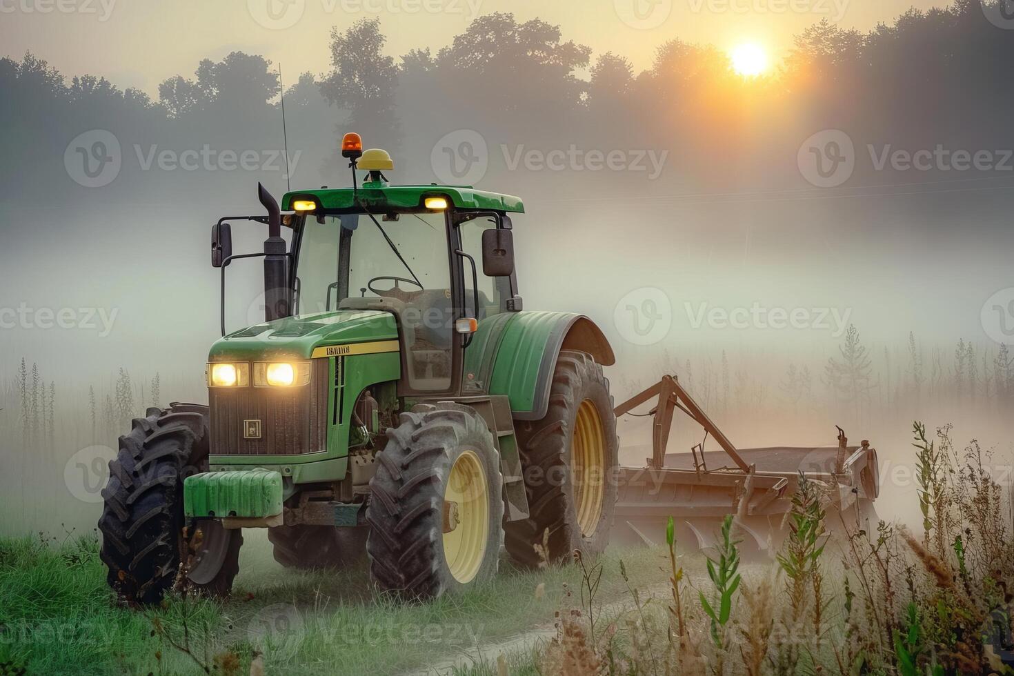 Tractor in morning fog with sunrise over farmland scene photo