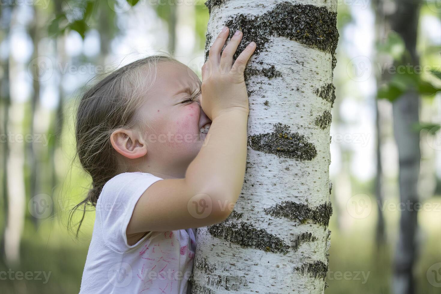 Child embracing birch tree in tranquil forest setting for nature bonding and exploration photo