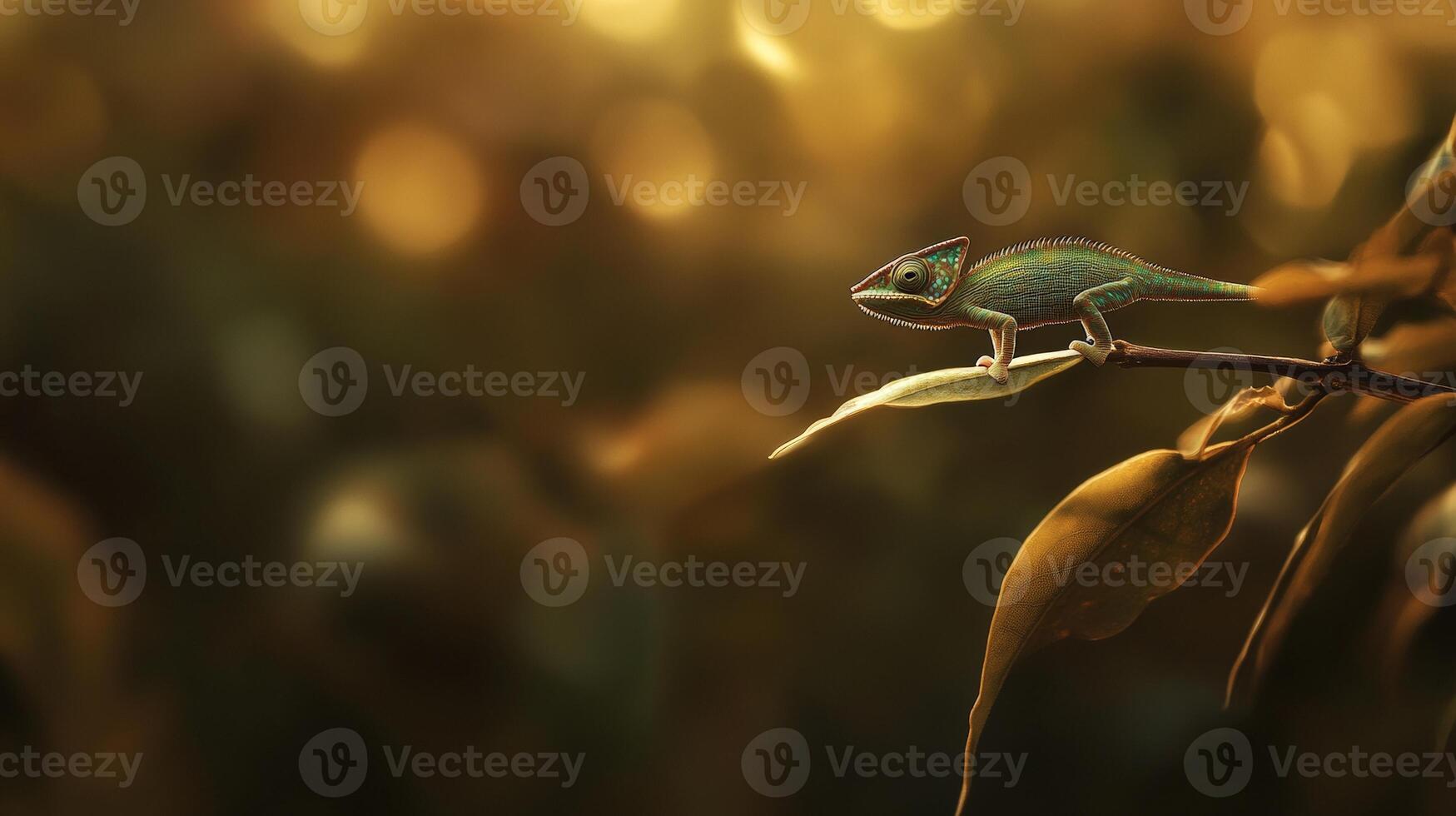 Solitary chameleon on leaf in natural sunlit habitat photo