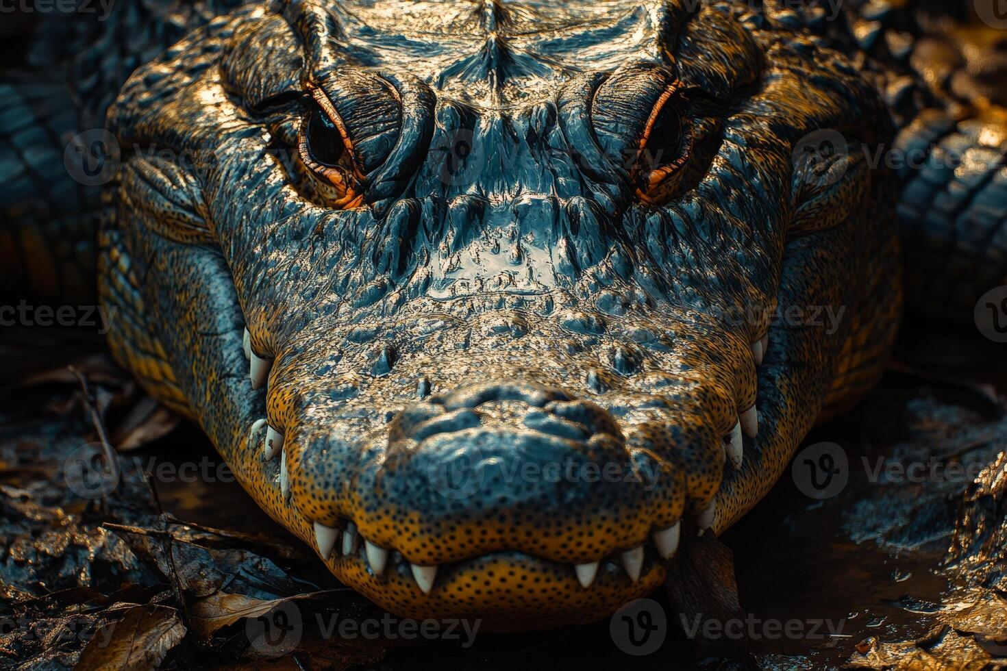 Intense close-up of an alligator's fierce gaze in natural habitat photo