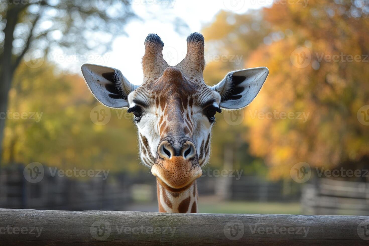 Close-up of curious giraffe with autumn trees in background at a zoo photo