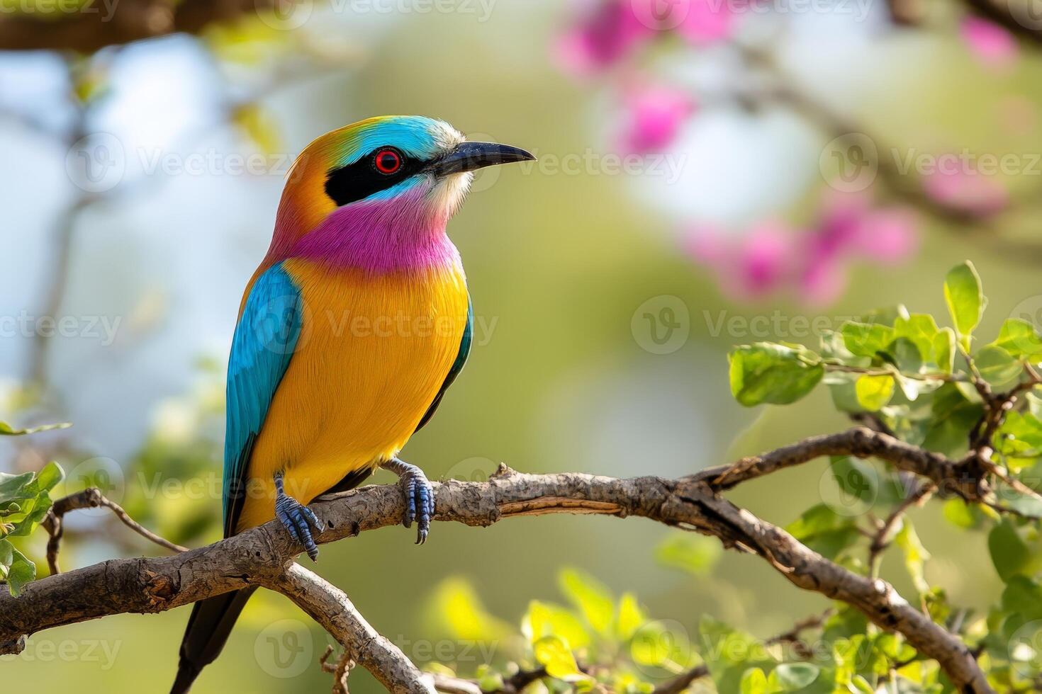 Vibrant multi-colored bird perched among blossoming branches in natural habitat photo