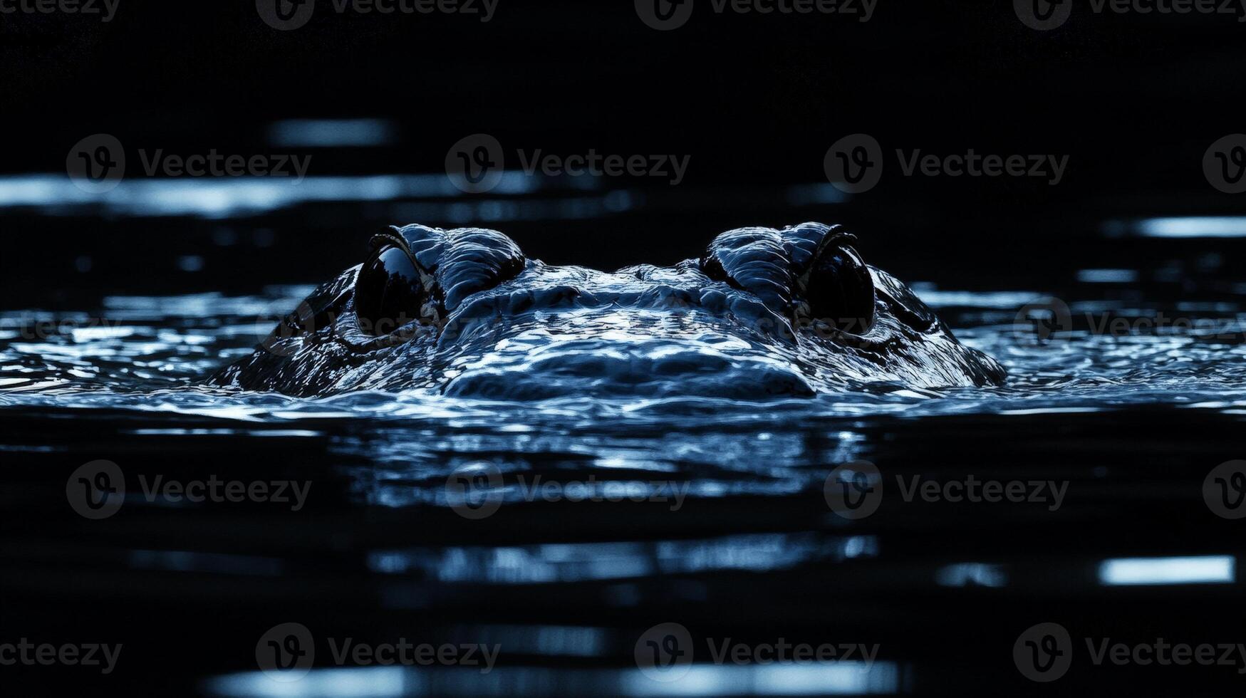 Alligator eyes emerging from water at night photo