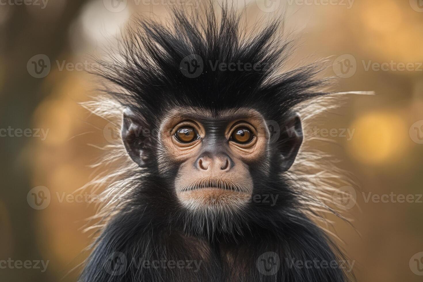 Close-up of curious infant monkey with spiky black fur and focused eyes photo