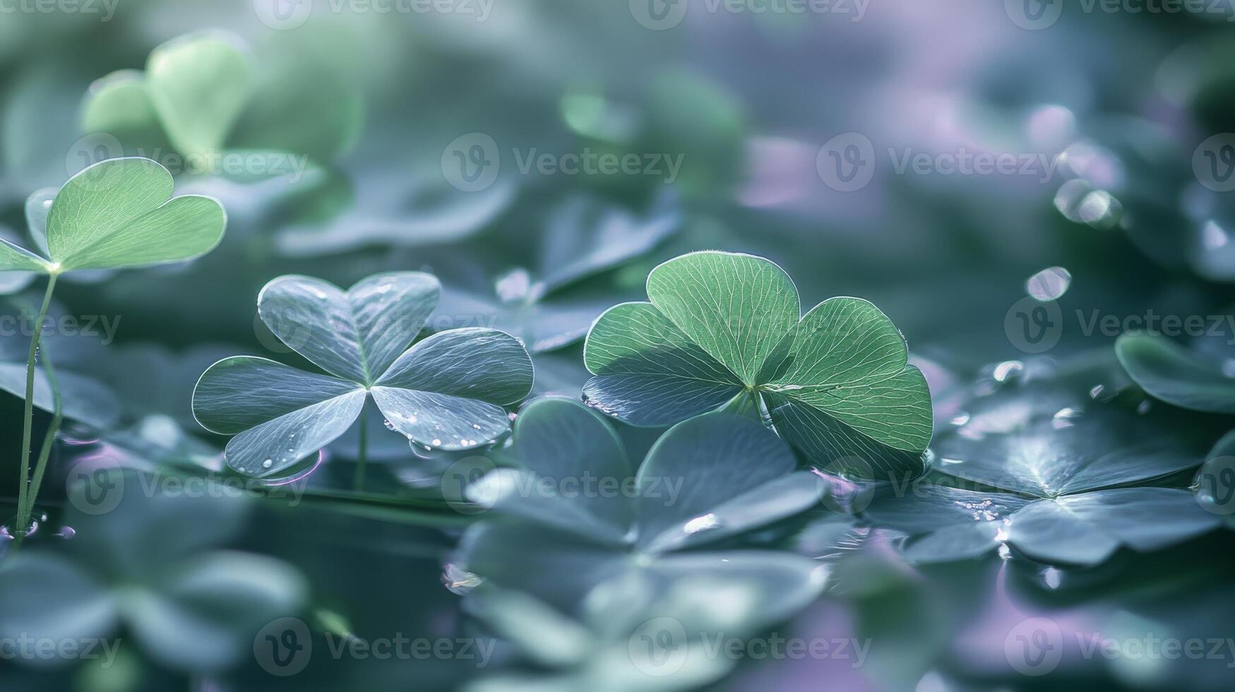 Close-up of dewy clover leaves in serene natural setting photo