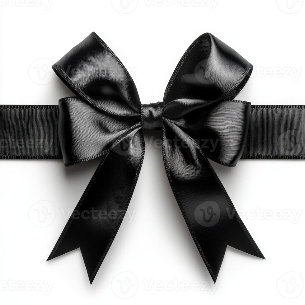 Elegant black satin ribbon bow with classic knot on white background photo