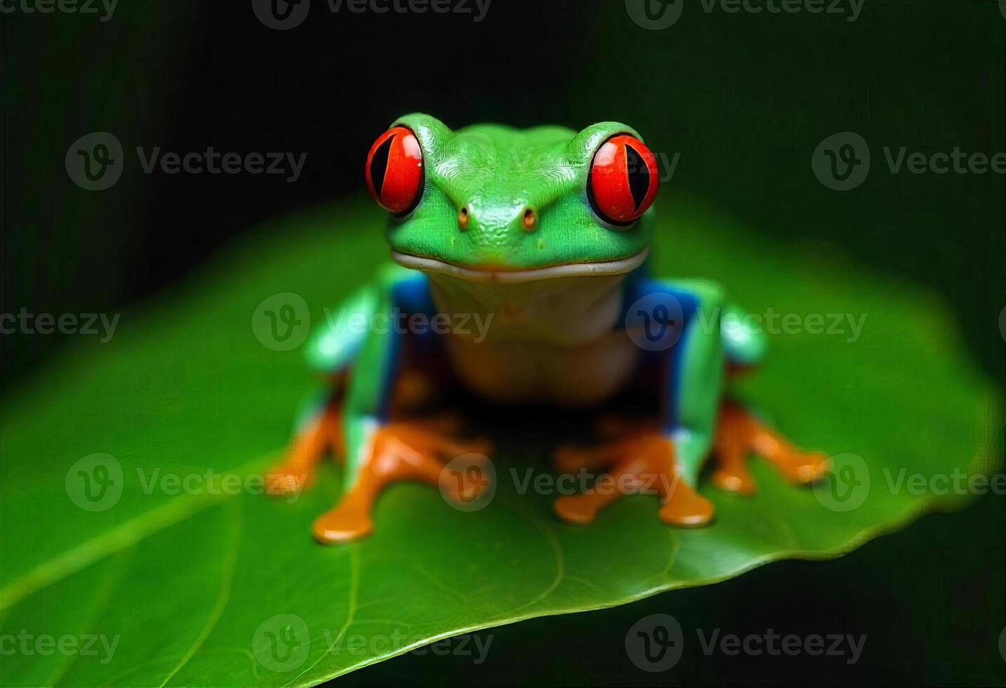 A green frog with red eyes sitting on a leaf in a jungle photo