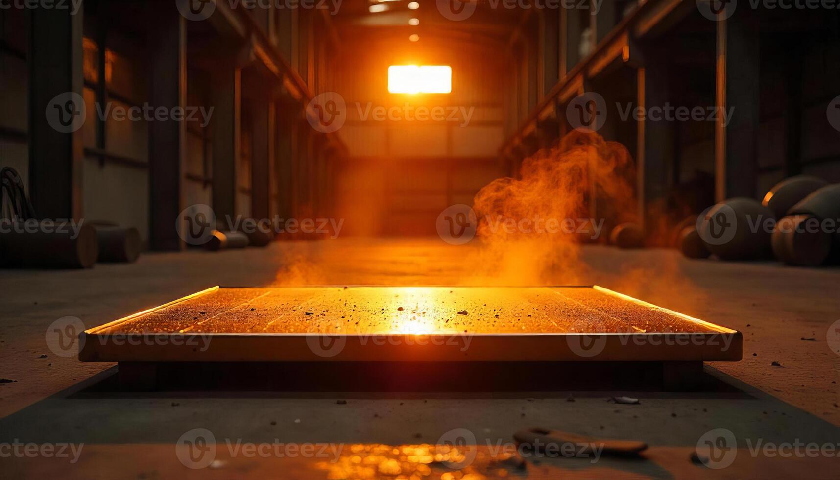 A metal platform with smoke in a factory, the background is a long corridor with a bright light at the end photo