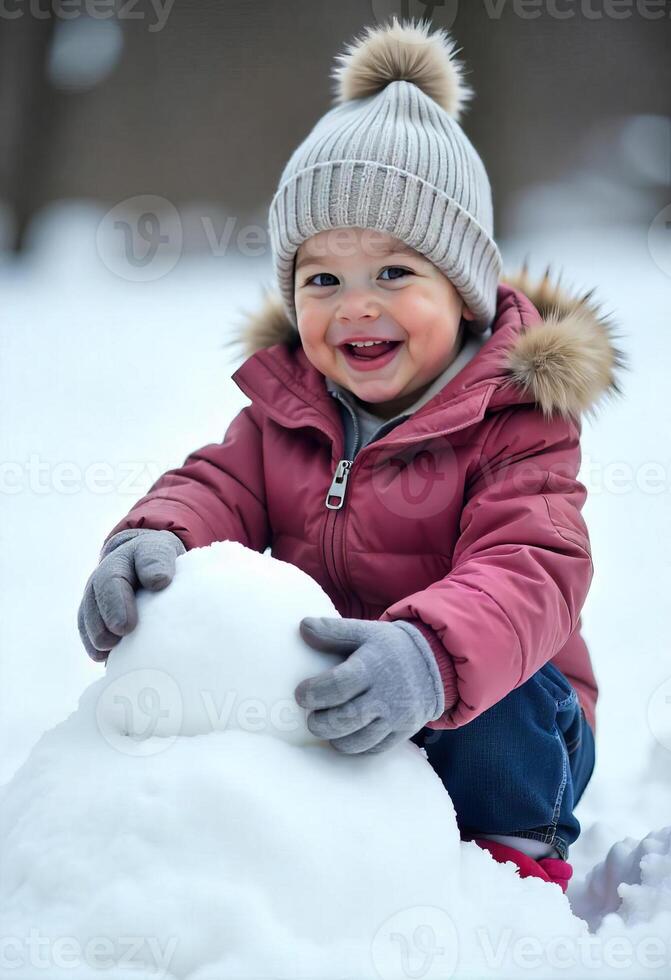 Building a Snowman A child in a winter coat and mittens, packing snow with a happy expression photo