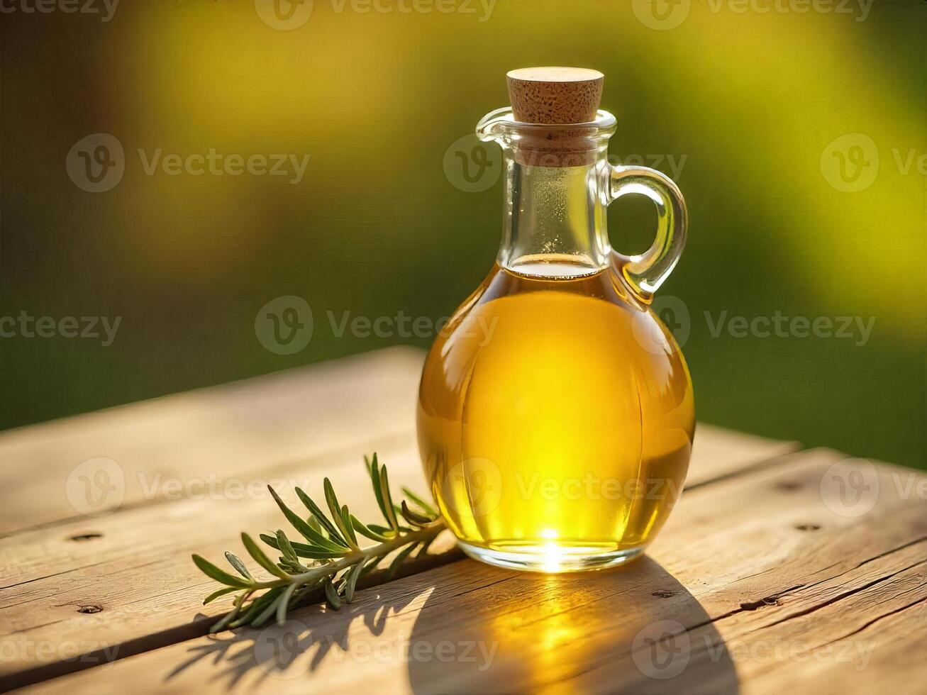 A glass bottle with yellow liquid and a cork on a wooden table with a rosemary branch, in a blurry green background photo