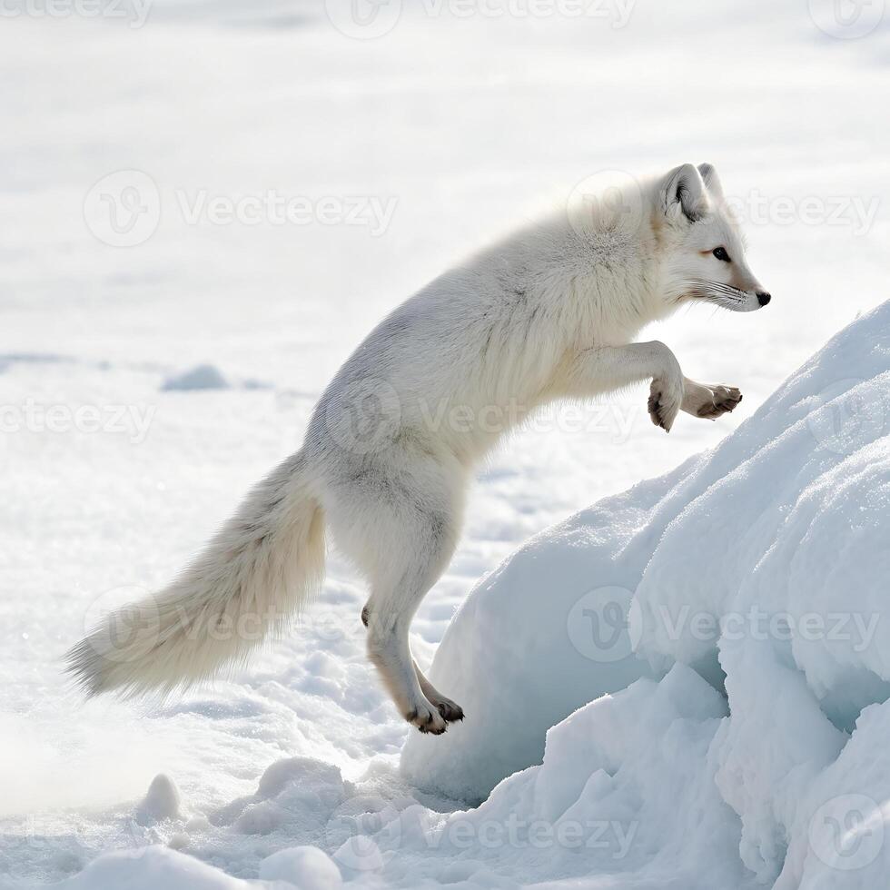 An Arctic fox leaping high into the air, paws tucked under its fluffy white coat, creating an elegant, cloud-like form on the white backdrop photo