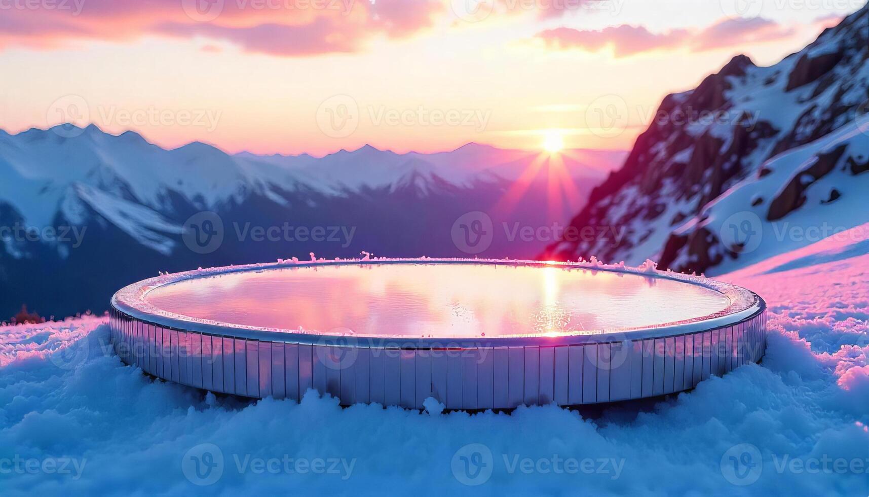 A circular pool filled with water on a snowy mountain top, sunset with pink and orange sky, snow-covered mountains in the background photo