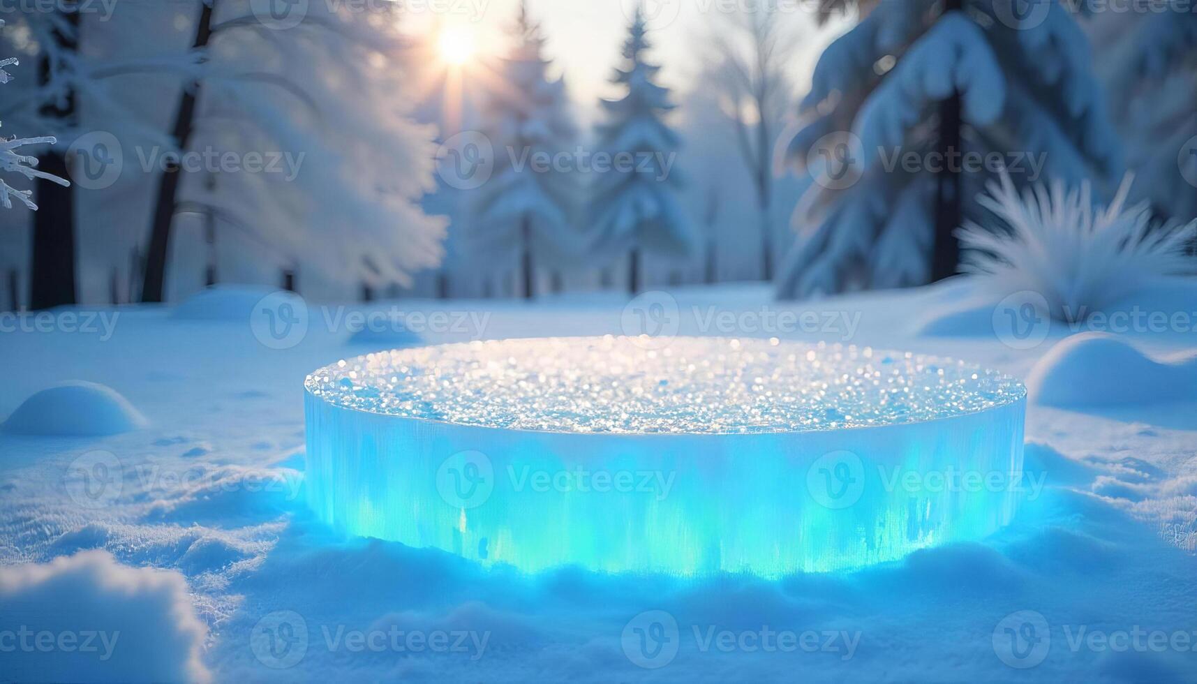 A luminous blue ice platform on a snowy field, with snow-covered trees in the background, and a bright sun shining above photo