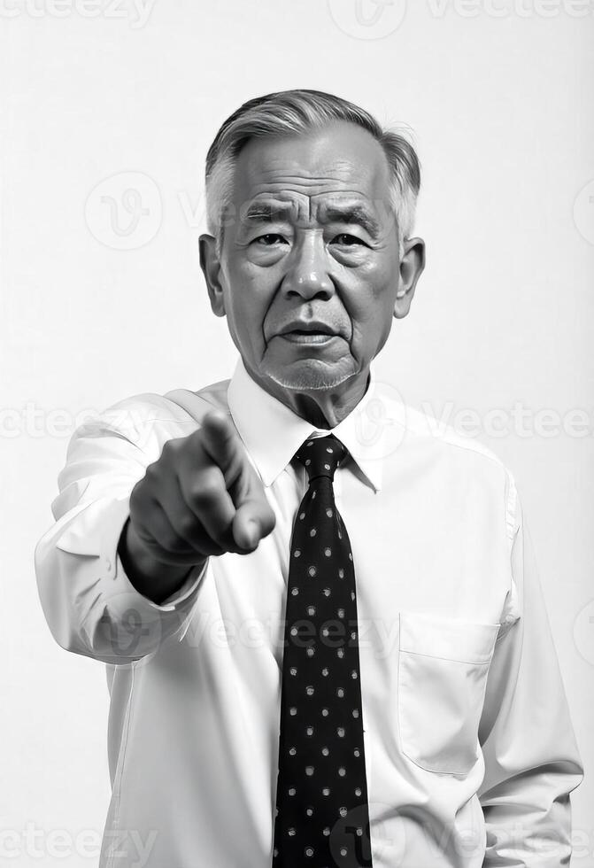 Filipino oldman with receding gray hair, wearing a buttoned-down white shirt and a polka dot tie, pointing directly forward with a serious demeanor photo