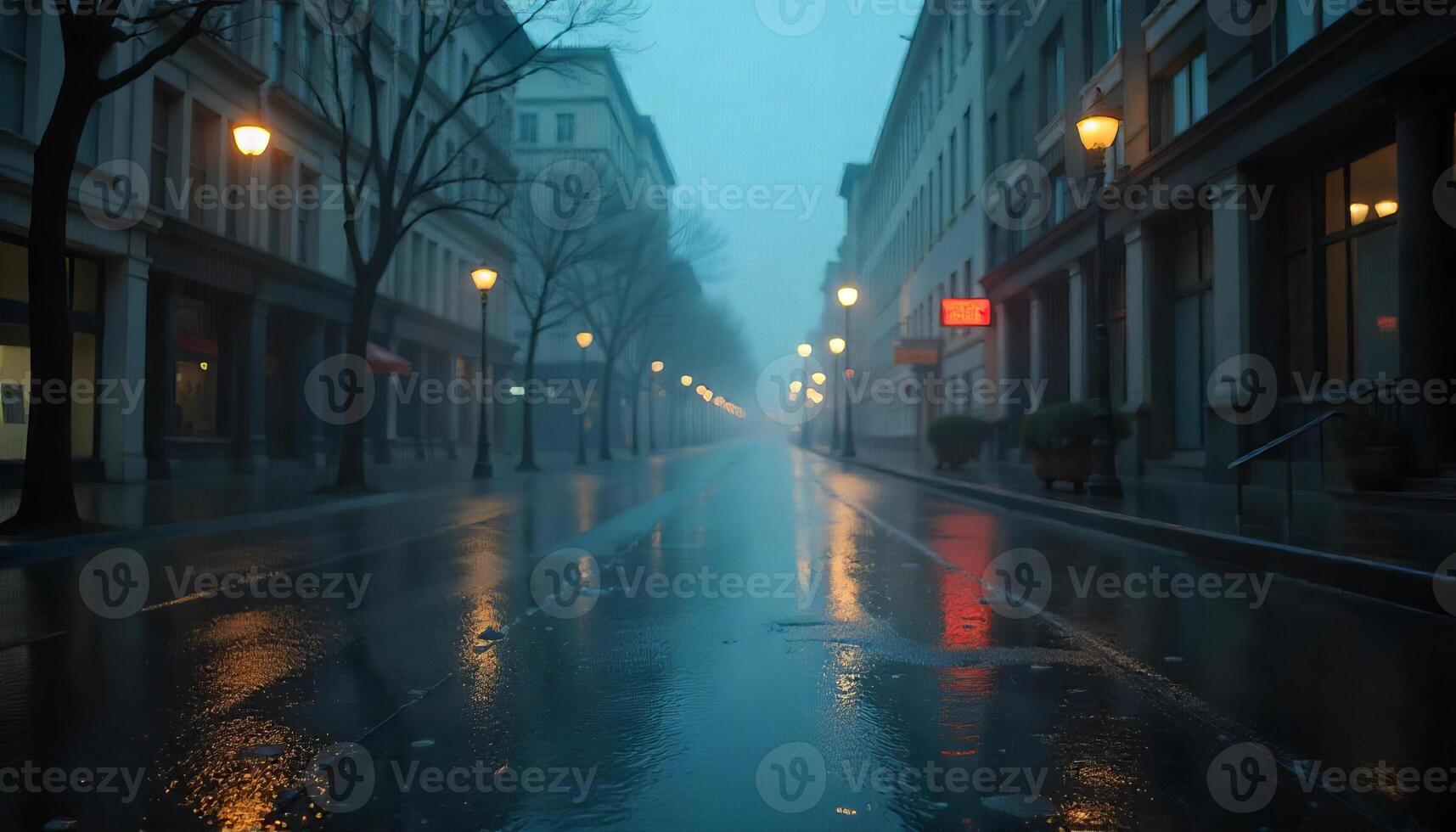 Empty street with wet asphalt, illuminated by streetlights, surrounded by buildings, during a foggy and rainy day photo