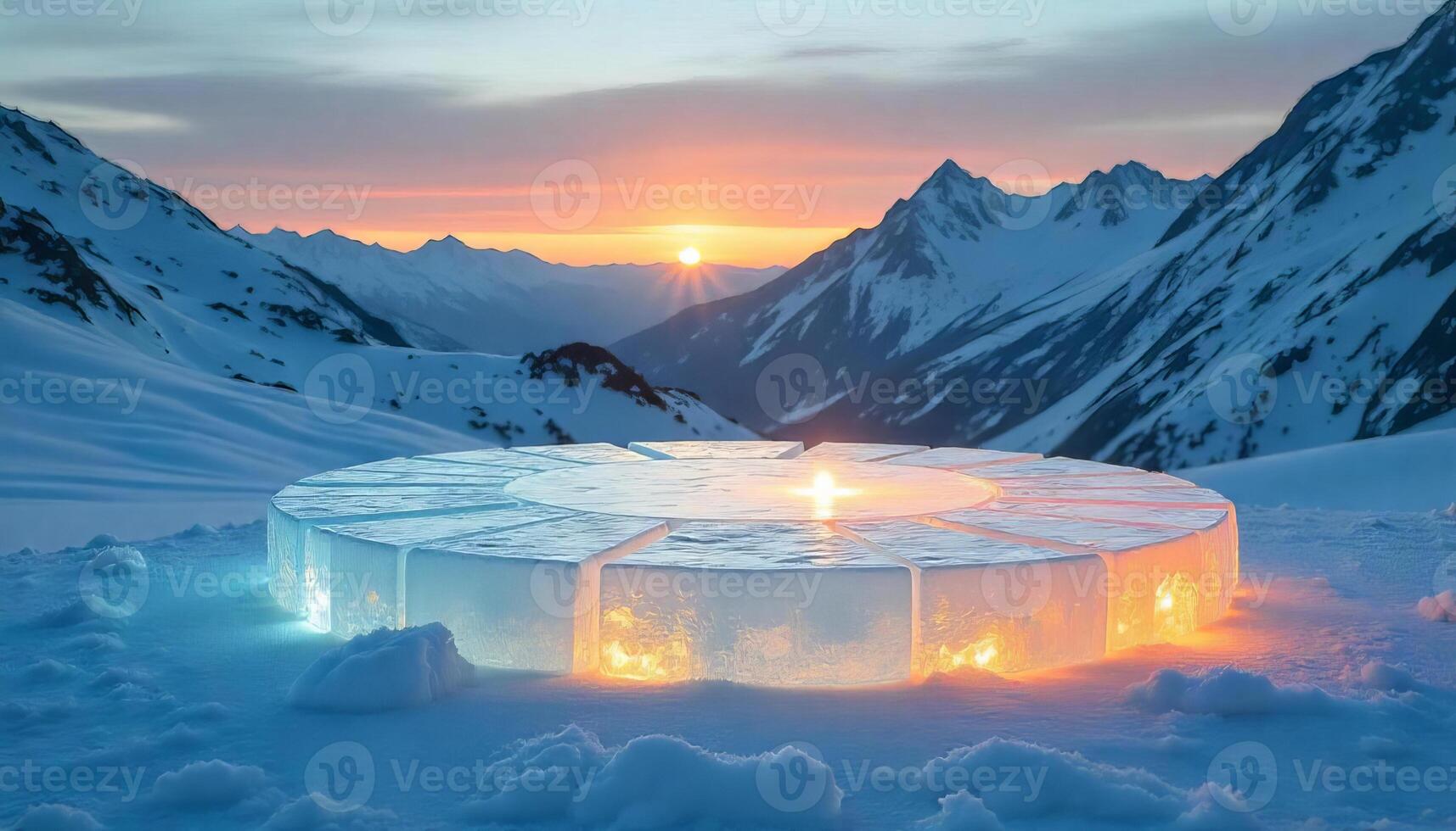 Ice platform in a snowy mountain landscape at sunset, the sun is setting behind the mountains, casting a warm glow on the scene photo