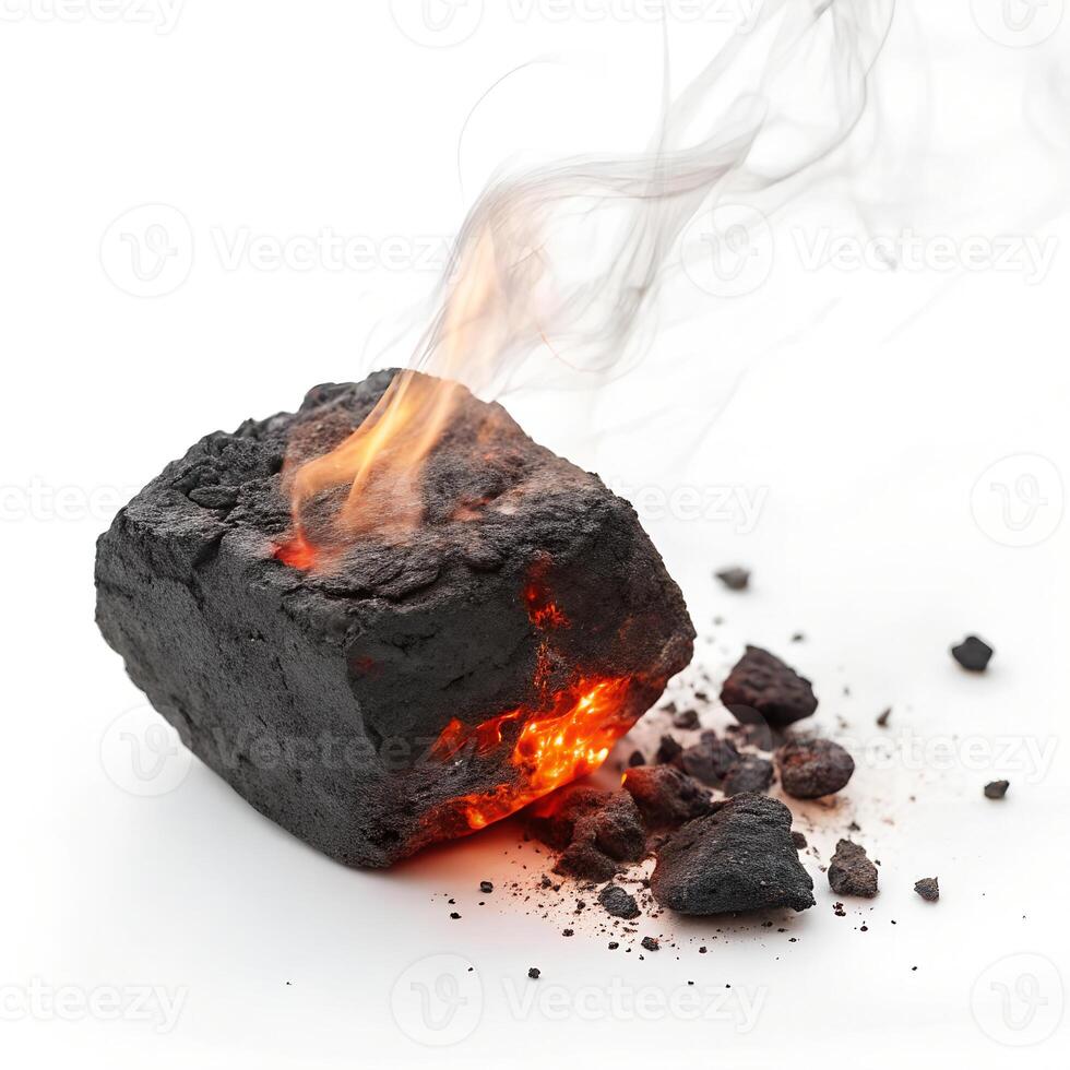 A small coal piece radiating warmth with gentle smoke wisps. isolated on white background photo